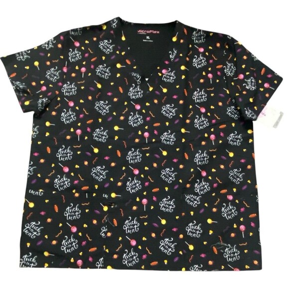 Microflex Unisex Halloween Trick or Treat Black Scrub Top Size XL- NEW - Picture 1 of 5
